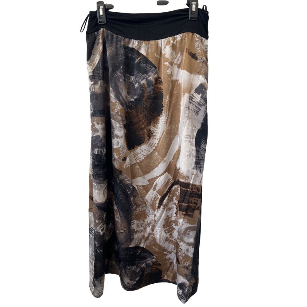 Glam Pull On Maxi Skirt Size Medium Abstract Print Black Brown Polyester Retro